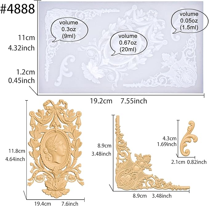 Art Molds for Polyclay Air Dry Clay Plaster Epoxy Resin Fondant Cake Decor Cameo Flourish