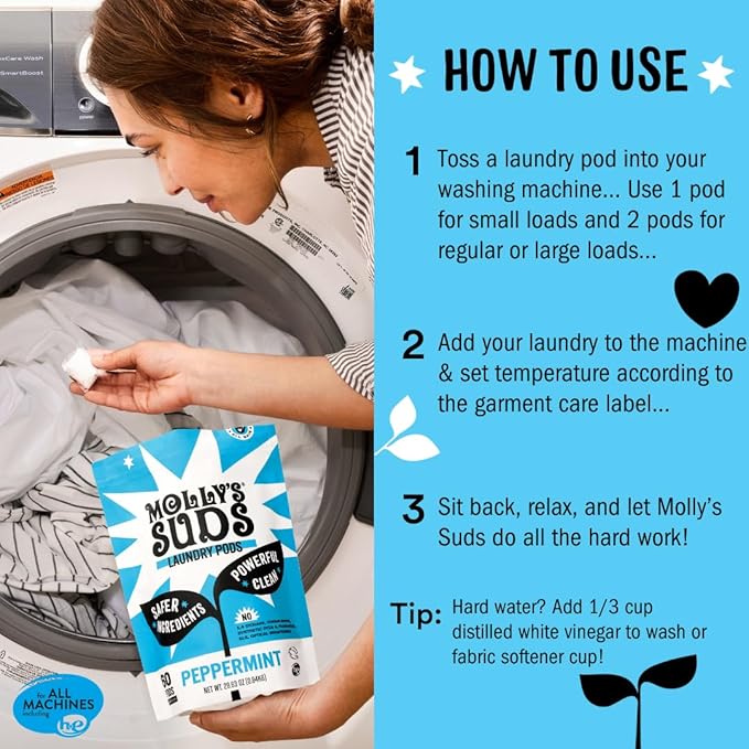 Molly's Suds Laundry Detergent Pods | Clean Detergent for Sensitive Skin | Ultra Concentrated and Stain Fighting | Peppermint - 60 Count