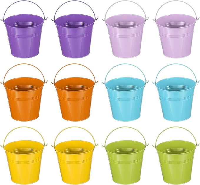 PATIKIL 5"x4.7" Small Metal Buckets with Handle, 12 Pcs Mini Bucket Easter Buckets, Green/Yellow/Orange/Blue/Light Purple/Purple