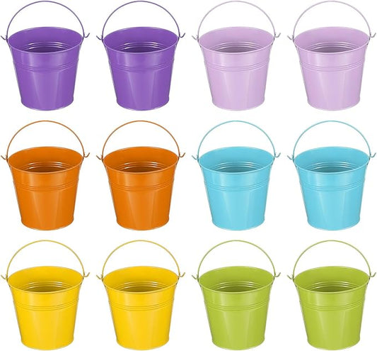 PATIKIL 5"x4.7" Small Metal Buckets with Handle, 12 Pcs Mini Bucket Easter Buckets, Green/Yellow/Orange/Blue/Light Purple/Purple