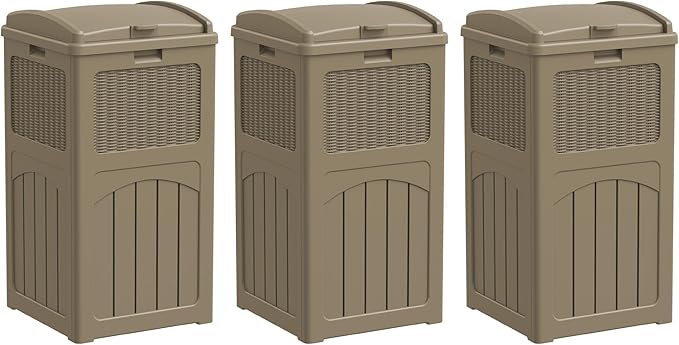 Greesum 33 Gallon Resin Outdoor Trash Can with Lid, Waterproof Resin Garbage Bin for Hideaway, Patio, Deck, 3 Pack, Light Brown