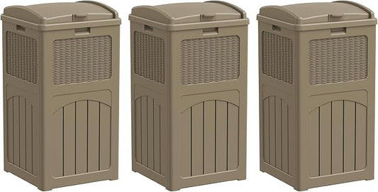 Greesum 33 Gallon Resin Outdoor Trash Can with Lid, Waterproof Resin Garbage Bin for Hideaway, Patio, Deck, 3 Pack, Light Brown