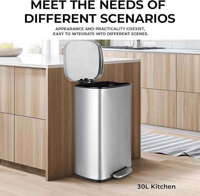 8 Gal Kitchen Trash Can, 30L Recycling or Garbage Bin, Brushed Stainless Steel Waste Basket, Soft&Quiet Close Dustbin, with Step-On Pedal, Removable Inner Bucket, for Home, Office, LIving Room