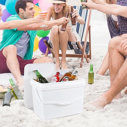 Zopnny 5.2 Gallon Rectangular Plastic Food Container Industrial Pail, 20L Bucket Pail with Plastic Handle and Lid, White, 4 Packs