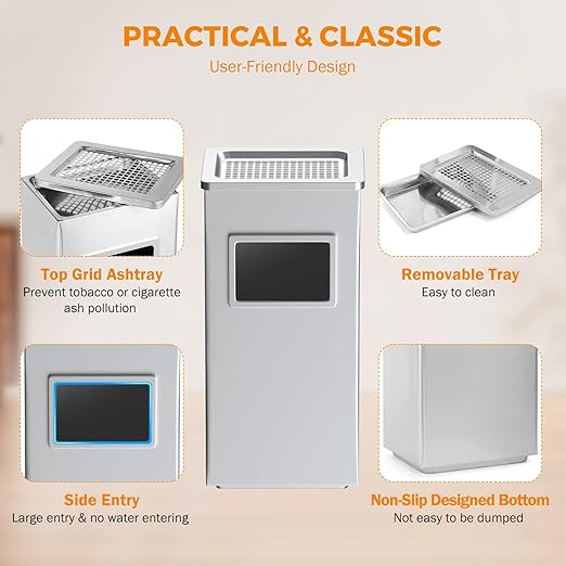 BEAMNOVA Trash Can Indoor Outdoor Metal Stainless Steel Commercial Garbage Can Industrial Garbage Enclosure Inside Cabinet with Lid Waste Container, Color Metallic, 31*25*61 cm / 12.2*9.8*24 in