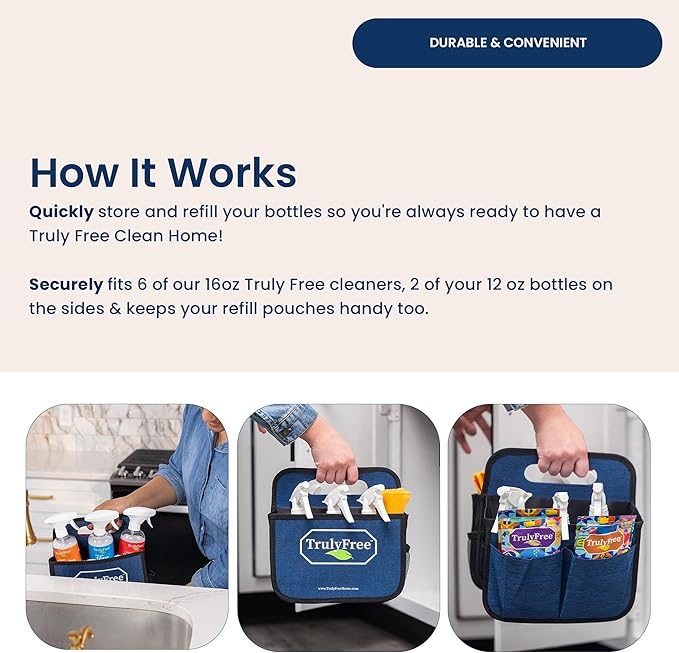 Truly Free Cleaning Caddy - Durable Organizer w/Handle for Cleaning Supplies, Storage for Kitchen & Bathroom Essentials, Multiple Compartments - Fits 6 Spray Bottles, 2 Squirt Bottles, Refill Pouches