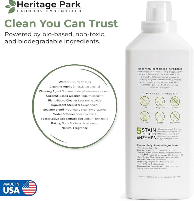 Heritage Park Luxury Laundry Detergent | Dermatologist Tested Plant based Natural & Enzyme Laundry Detergent | Sensitive Skin Friendly - Fragrance Free (32 fl oz)