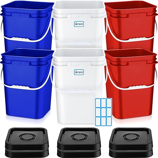 Vesici 6 Pcs 5 Gallon Food Grade Square Buckets with Lids 5 Gal Plastic Food Storage Square Bucket Heavy Duty Industrial Pail Container with DIY Label Stickers Handles for Water Painting(Multicolored)