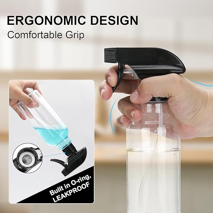 Spray Bottles Plastic Spray Bottle for Hair Mist/Stream Heavy Duty Empty Spray Bottles for Cleaning Solutions, Plants, Cooking (16.9oz-BlackClear)