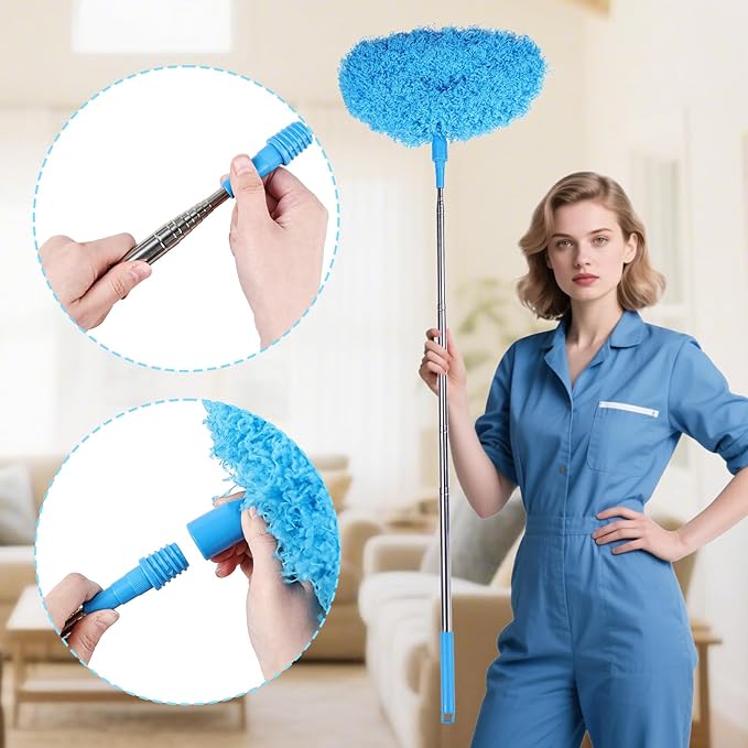 Ceiling Fan Cleaner Duster Reusable Microfiber Removable Extendable Duster with 95" Telescoping Pole for Cleaning Walls Furniture Door Window Top (Blue)