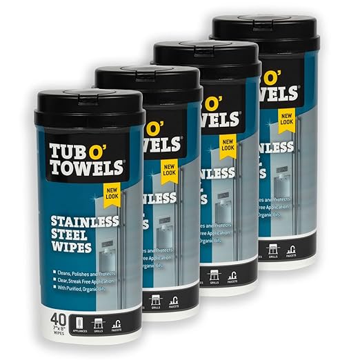 Tub O' Towels Stainless Steel Cleaning Wipes, 7" X 8", 40-Count Wipes, 4-Pack