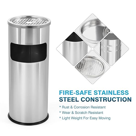 IRONWALLS Indoor Outdoor Trash Can with Lid, Silver Floor Standing Stainless Steel Garbage Bin with Removable Inner Barrel, Commercial Waste Bin Container Trash Receptacle, Patio Garbage Can