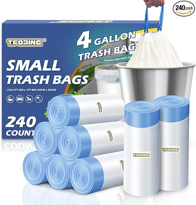 240 Count 4 Gallon Small Trash Bags Drawstring 1.1 Mil - White Garbage Bags Unscented for Bathroom, 15 Liter Thick Plastic Wastebasket Liners for Toilet Home Office and Bedroom