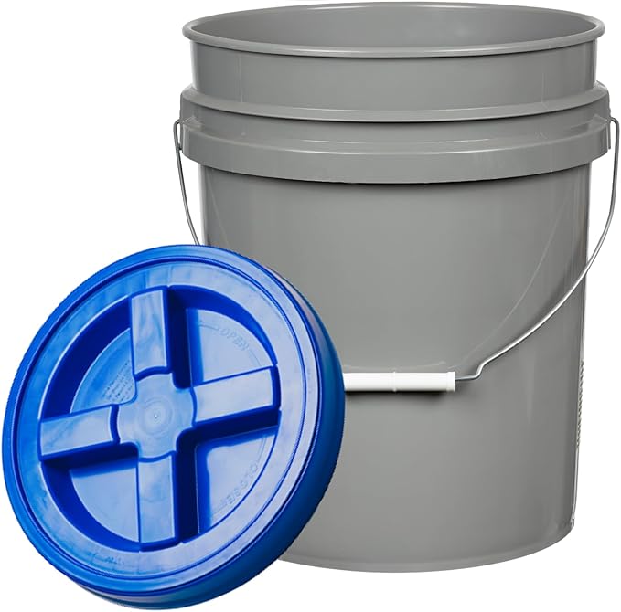 House Naturals 5 Gallon Food Grade BPA Free Made in USA Pails Gray Bucket with Screw On Air Tight Lid (1, Gray with Blue lids)