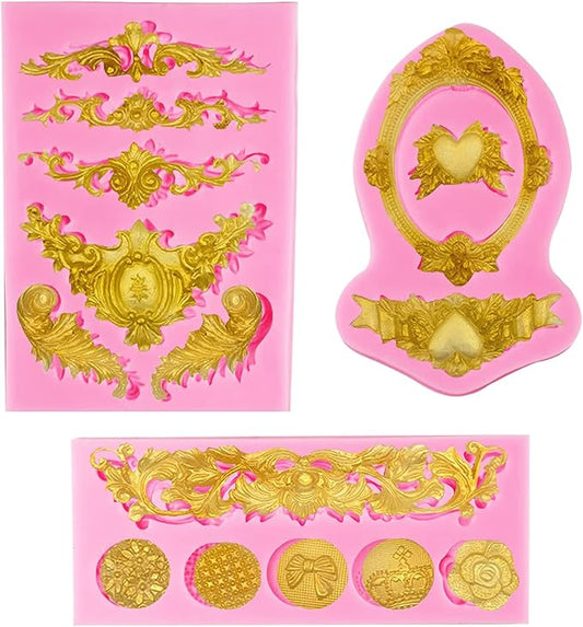 3 Pack Baroque Fondant Molds, Silicone, Scroll Border Lace, Curlicues, Gum Paste, Candy, Chocolate, Baking Molds, Birthday, Wedding, Party, DIY Cake