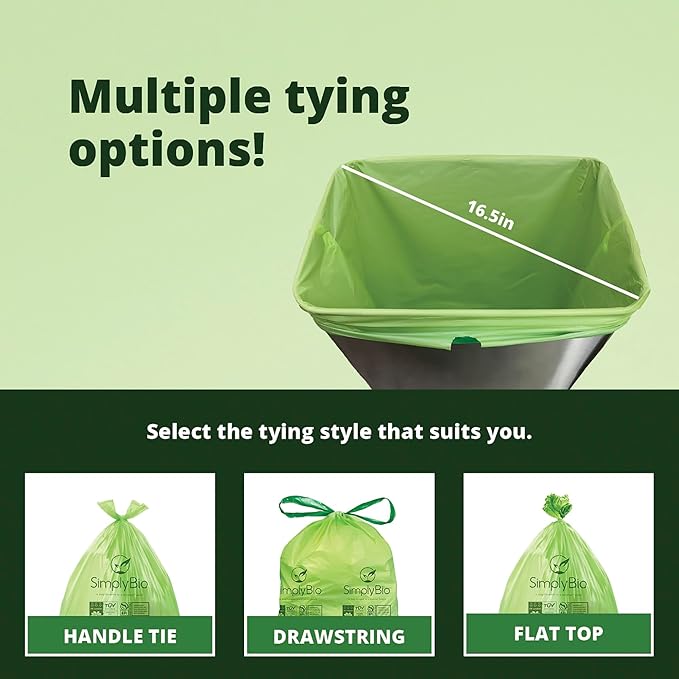 10-13 Gallon Compostable Trash Bags with Flat-Top 50 Bags Thick 0.87 Mil Leakproof Plant-based Tall Kitchen Wet Food Scrap Waste, ASTM D6400, US BPI and OK Compost Home Certified