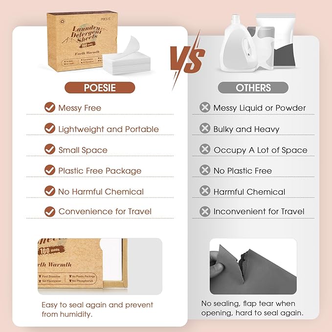 Poesie Laundry Detergent Sheets Earth Warmth Scent 160 Count Road Trip College Dorm Essentials for Travel Washing Sheets Detergent Liquidless Portable No Messy Laundry Strips