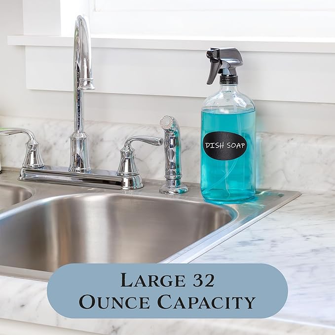 Cornucopia 32oz Glass Spray Bottles (2-Pack, Clear); Quart Bottles w/ 3-Setting Adjustable Trigger Sprayers; Includes Chalk Labels