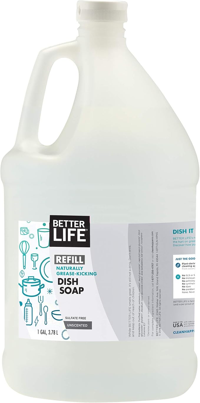 Better Life Dish Soap - Liquid Dishwashing Soap with Vitamin E and Aloe for Home & Kitchen Sink - No Gloves Required Kitchen Soap for Sensitive Skin - 1 Gal Refill Unscented