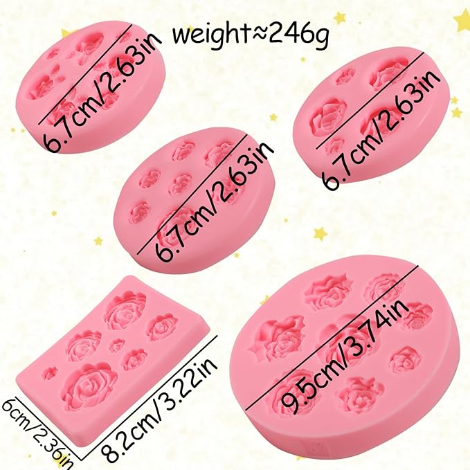 5 Pcs Rose Silicone Molds, Mini Flower Cake Decoration Fondant Mold, Kitchen Baking Supplies, Suitable for Cupcake Toppers Flower Paste Dough Keychain Resin Decoration Clay Modeling