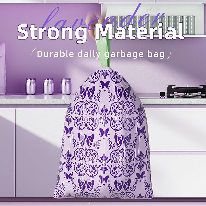 13 Gallon Trash Bags Drawstring, 50 Count Tall Kitchen Trash Bags, Sturdy Large Trash Bags, Butterfly & Lavender Printed Garbage Bags 13 Gallon Tall Kitchen, Tear Resistant Kitchen Garbage Bags