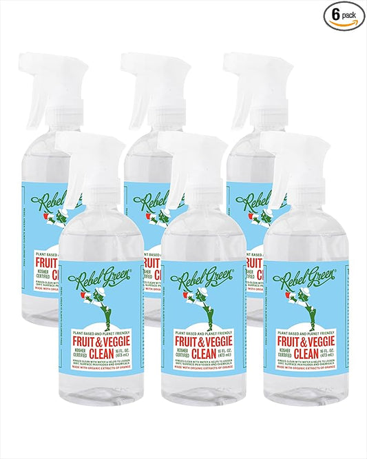 Rebel Green Fruit & Veggie Clean - Plant-Based Produce Cleaner - Natural Fruit and Vegetable Wash with No Aftertaste - Chemical & Wax Removal - Made with Organic Extracts of Citrus - 6 Pack 17 FL OZ