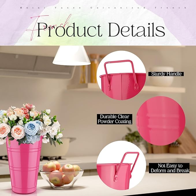 Zhehao 12 PCS 12 Inch Galvanized Metal Vase with Handles Bulk Tin Flower Buckets Galvanized Vases for Country Wedding Table Centerpieces Flower Buckets for Wedding Home (Green, Yellow, Purple, Rose)