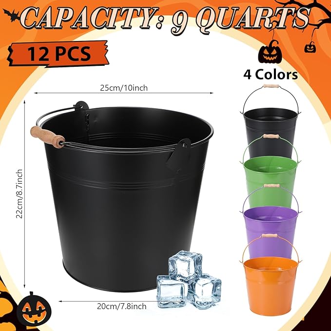 12 Pcs Large Galvanized Metal Buckets with Handle 10 Inch Heavy Duty Stainless Steel Pails Round Pail for Party Wedding, Crafts, Utensils, Table Centerpieces (Halloween Color)