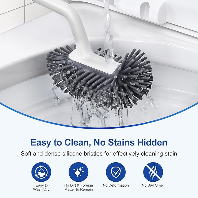 HAMITOR Toilet Bowl Brush Holder Set: Deep Cleaning Silicone Toilet Cleaner Scrubber Under Rim with Curved Bristle for Bathroom Dead Corner Clean - Modern Rv Toilet Decorative Accessories - White