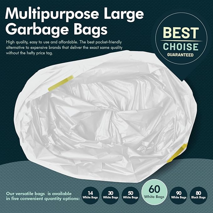 PAMI Tall 13-Gallon Kitchen Drawstring Trash Bags [60 Pack - White]- Extra-Strong Plastic Garbage Bags- Thick Trash Can Liners For Kitchen, Bathroom & Outdoor Bins- 2ft x2ft Unscented Trash Bags