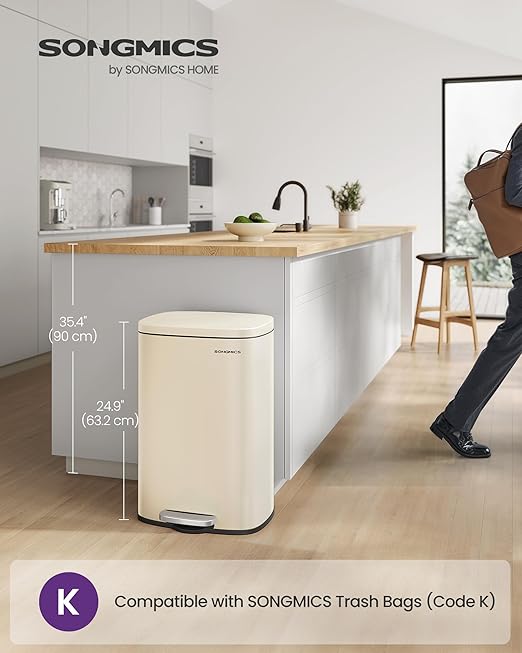 SONGMICS 13 Gallon (50 L) Trash Can, Stainless Steel Kitchen Garbage Can, Recycling or Waste Bin, Soft Close, Step-On Pedal, Removable Inner Bucket, Sand Beige ULTB050A01