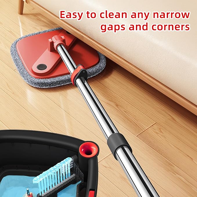Spin Mop and Bucket Set with Separation Dirty and Clean Water System, Self Wringing 360° Rotating Clean Mop-Head and Bucket Set for Hardwood Tile Marble Floor with 2Pads-Black+Red