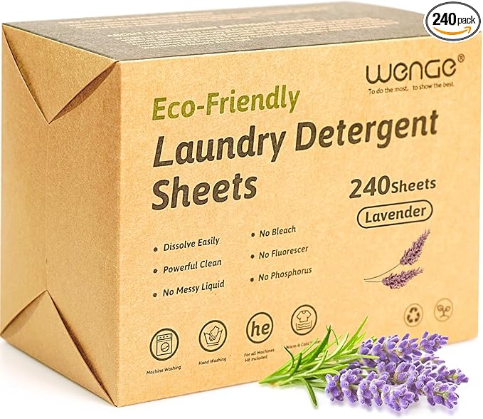 Wenge Eco-friendly Laundry Detergent Sheets - 240 Plastic-Free, Hypoallergenic Liquidless Washer Sheets for Home, Dorm, Travel, Camping (Lavender Scent)