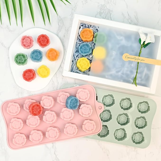 2 Pcs Rose Mold Silicone, 15 Cavity Flower Silicone Molds, Non Stick Rose Ice Cube Mold for Candy, Chocolate, Soap, Cupcake Decoration, Jelly, Dishwasher Safe, Pink + Gray