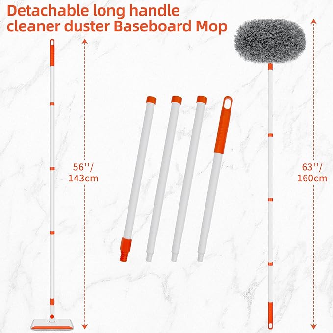Baseboard Cleaner Tool with Handle, Extendable Long Handle Baseboard Cleaning Duster with Reusable Pads for Floorboard, Ceiling Fan Blade Cleaner Duster (Gray)