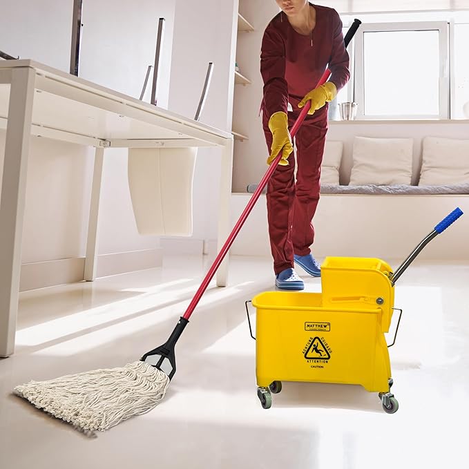 Matthew Cleaning 22 Quart Compact Mop Bucket INCL.2 Pack Mop Head with Side Press Wringer On Wheels,Tandem Portable Floor Cleaning Wavebrake,Ideal for Household,Industrial,Restaurant,Janitorial Use