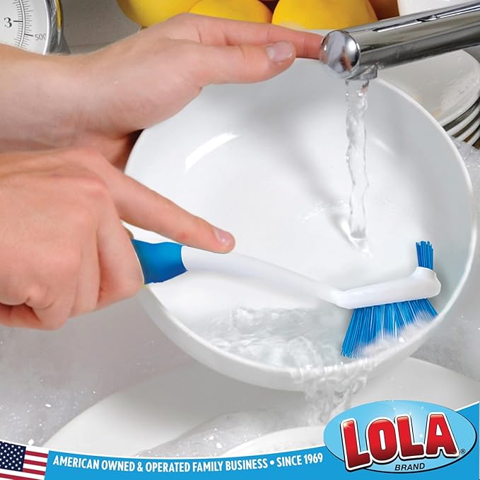 Dish Brush Scrubber for Kitchen, by LOLA, Has Stiff Bristles & Food Scraper, Comfort No-Slip Grip Handle, Safe for Non-Stick & Coated Cookware, 1 Pack
