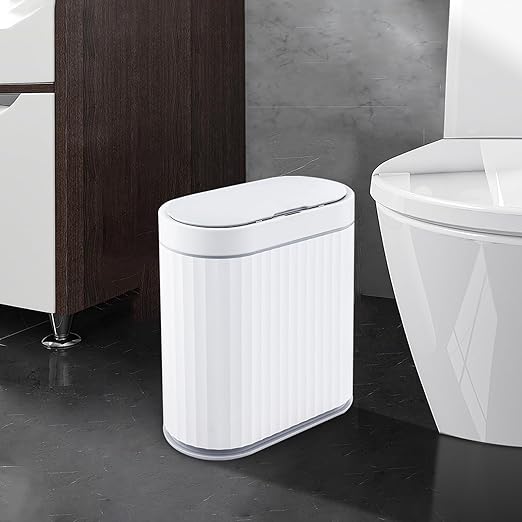ELPHECO Bathroom Trash Can with lid - 2.5 Gallon Waterproof Sensor Trash Bin, 10 Liter Motion Sensor Trash Can, Slim Garbage Bin Bathroom Decor White with Grey Trim