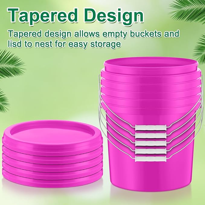 Tioncy 10 Pcs 2 Gallon Plastic Bucket with Lid Heavy Duty 2 Gallon Bucket Pail with Lid Handle for Storage Container Home Household Cleaning (Pink)