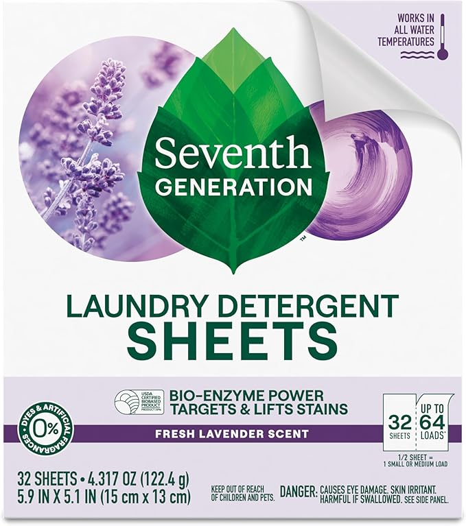 Seventh Generation Laundry Detergent Sheets, Up to 64 Loads, Fresh Lavender Scent, Removes Tough Stains, 0% Dyes and Artificial Fragrances, Safer for your family