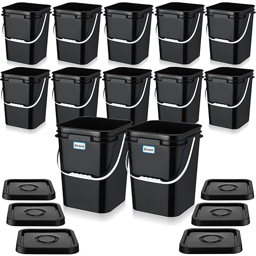 Vesici 12 Pcs Black 5 Gallon Square Bucket Pail with Plastic Handle and Lid Heavy Duty Storage Food Container with DIY Label Sticker for Food Multipurpose Paint Water Art Crafts Project