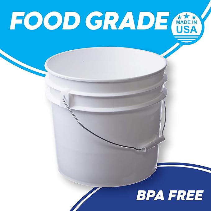 Consolidated Plastics 3.5 Gallon White Food Grade Buckets + 6 Gamma Seal Lids, BPA Free Container Storage, Durable HDPE Pails, Made in USA (6 Pack)