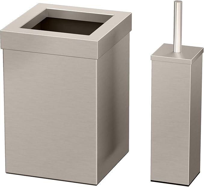 Gatco Modern Square Waste Basket and Toilet Brush Set, Satin Nickel - Stainless Steel Trash Can with Removable Lid, Leakproof, 3 Gallon Capacity for Bathroom, Bedroom, Kitchen, or Office
