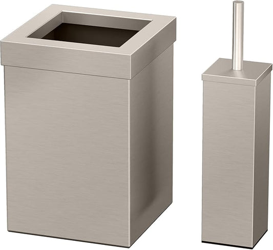 Gatco Modern Square Waste Basket and Toilet Brush Set, Satin Nickel - Stainless Steel Trash Can with Removable Lid, Leakproof, 3 Gallon Capacity for Bathroom, Bedroom, Kitchen, or Office
