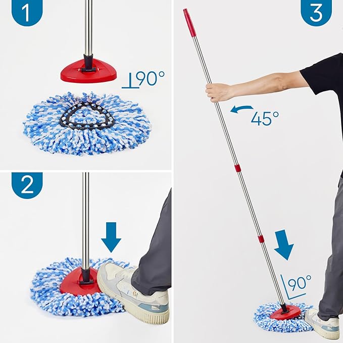 Matthew Spin Mop Replacement Kit - 2 Refill Heads, 30-58in Handle & Base Combo Set (Blue, 1-Tank System)