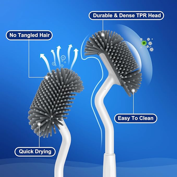 HAMITOR Toilet Bowl Brush Holder Set: Deep Cleaning Silicone Toilet Cleaner Scrubber Under Rim with Curved Bristle for Bathroom Dead Corner Clean - Modern Rv Toilet Decorative Accessories - White