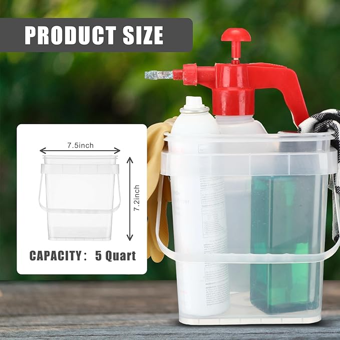 4 Pcs Plastic Bucket 5 Quart Square Bucket Utility Small Pail with Handle Sturdy Pail Organizer for House Cleaning Storage Livestock Feeding Car Washing Food Storage, No Lids(Clear)