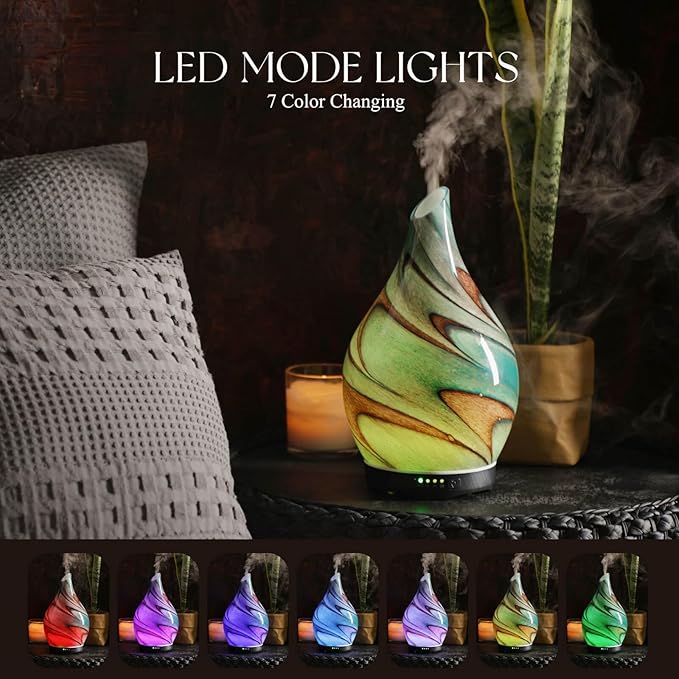 Porseme 280ml Essential Oil Diffuser Glass Color Changing Aroma Air Diffusers Aromatherapy Ultrasonic Cool Mist Humidifier 7 Running Hours Waterless Auto-Off for Sleeping, Yoga, Spa (Teal Green)