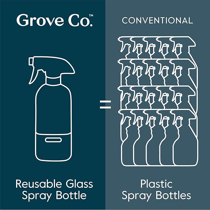 Grove Co. Glass Spray Bottles for Cleaning Solutions, 2-Pack Bundle, Unique Silicon Sleeve Slide & Snap Custom Label, Refillable Spray Bottle, Made from Recycled Glass, 2 x 16oz