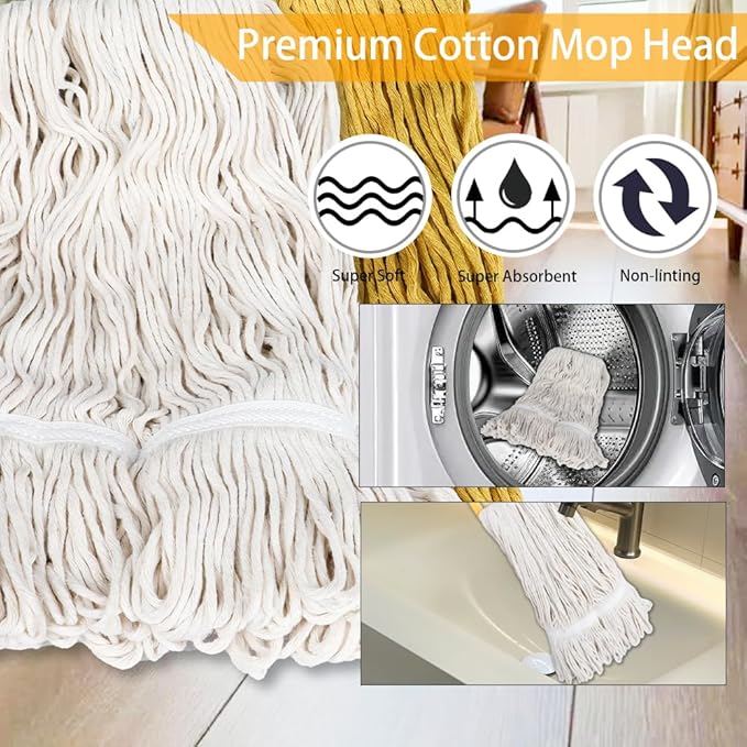 Wet String Mop for Floor Cleaning, Heavy Duty Mop with 2 Reusable Heads, Long Handle Industrial Cotton Mop for Restaurant Home Garage Office Patio Warehouse (Black)